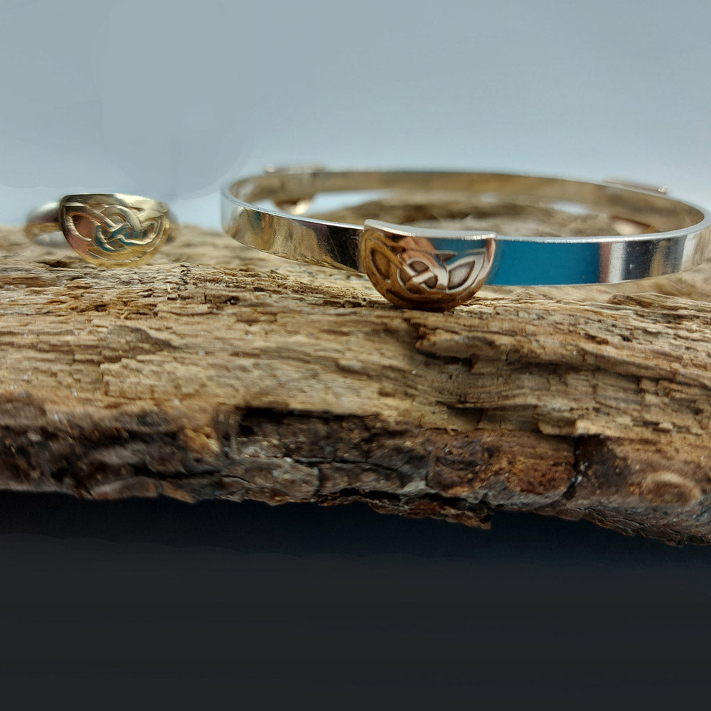 Handmade Recycled Sterling Silver Bangle with 9kt Gold Celtic Knot Feature