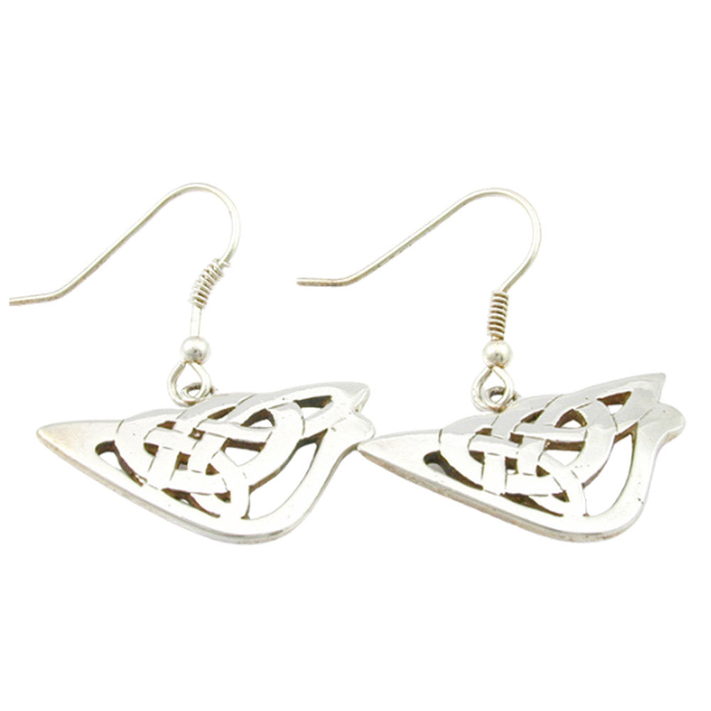 The same semi-circle triangular celtic open work design attached to a silver hook with a ball and spring.