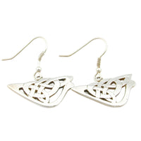 The same semi-circle triangular celtic open work design attached to a silver hook with a ball and spring.