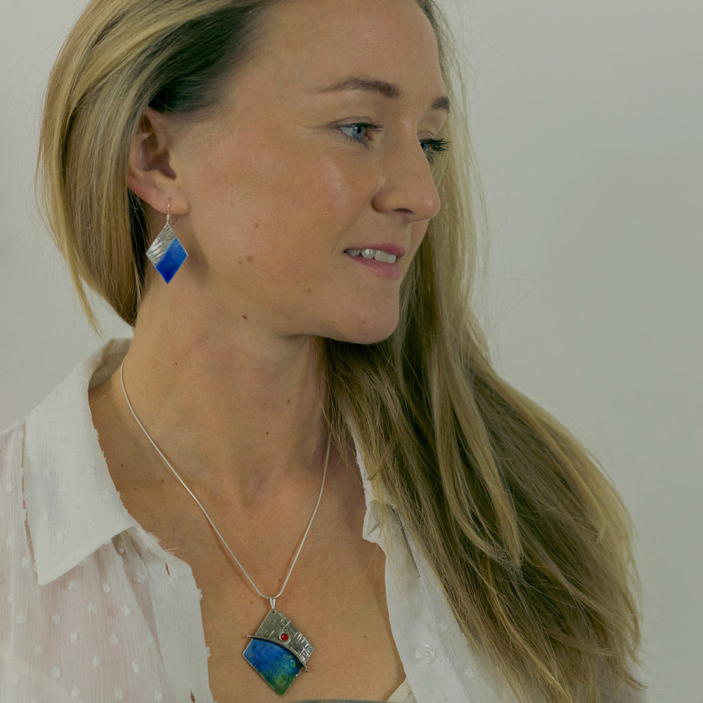 Sterling silver Enamelled Earrings (diamond shape) - blue or green
