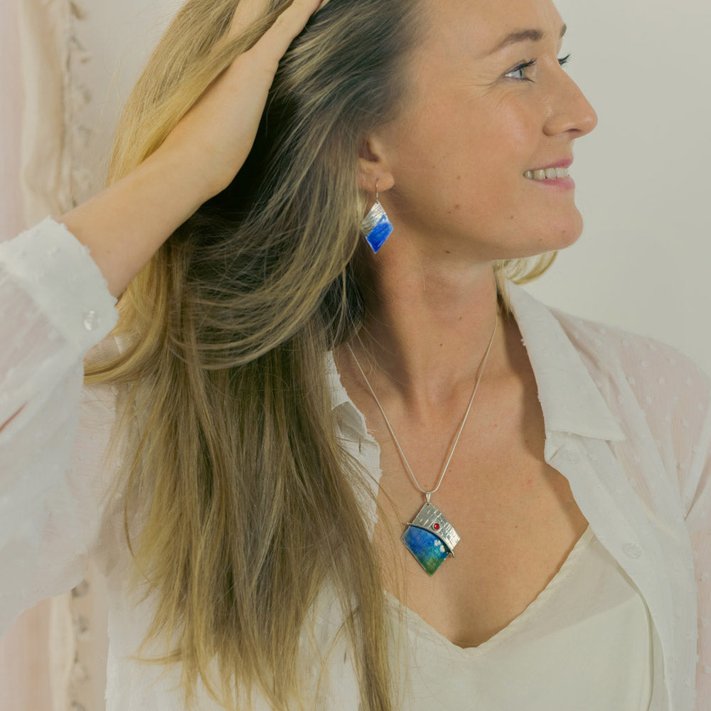 Sterling silver Enamelled Earrings (diamond shape) - blue or green