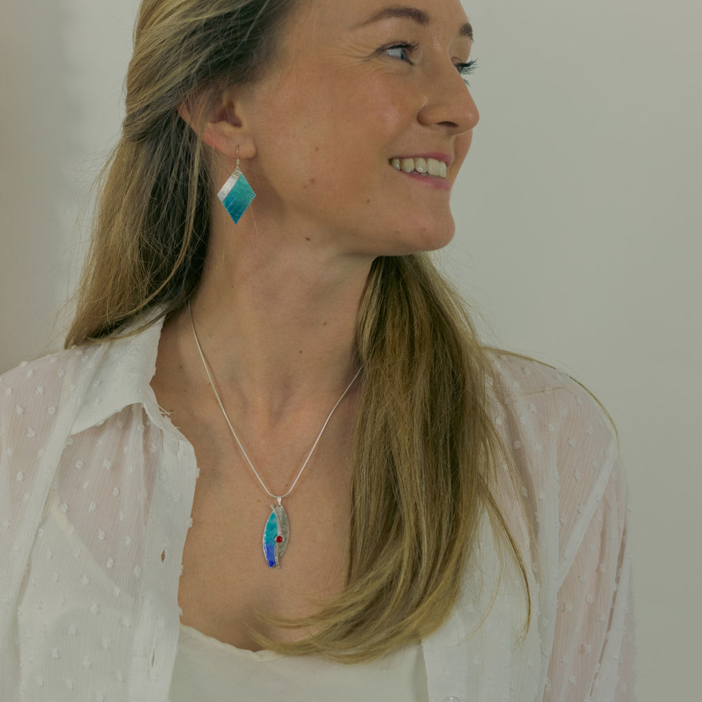 Sterling silver Enamelled Earrings (diamond shape) - blue or green