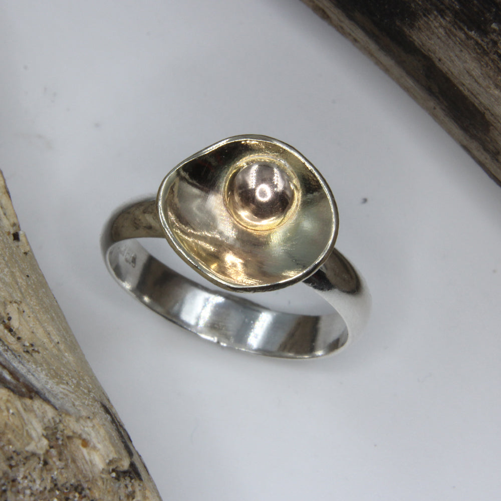 Gold and Silver Buttercup ring - Unique Yellow Gold Ring and Sterling Silver, fashion ring with Gold bead by Robert Spotten