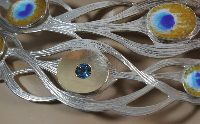 One Off Unique Sterling Silver and Gold Peacock Pendant by Robert Spotten