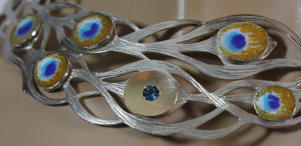 One Off Unique Sterling Silver and Gold Peacock Pendant by Robert Spotten