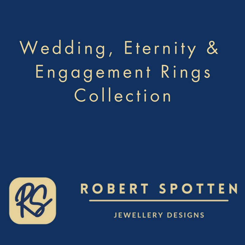 square with blue background with text wedding eternity and engagement rings collection by robert spotten jewellery designs