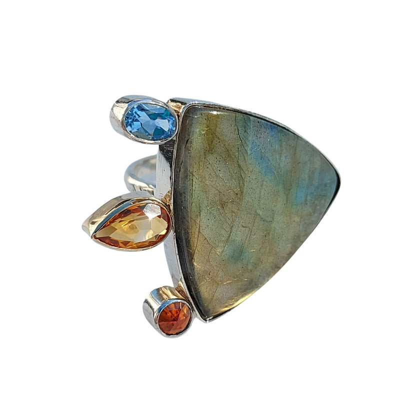 One Off Sterling fashion / statement recycled silver and gold  ring  Labradorite Citrine Topaz