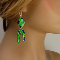 Green & Blue Double Shapes Polymer Clay Earrings with sterling silver hooks