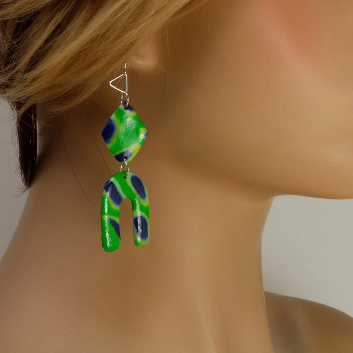 Green & Blue Double Shapes Polymer Clay Earrings with sterling silver hooks