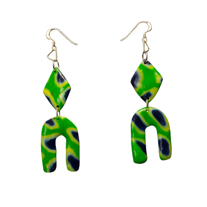 Green & Blue Double Shapes Polymer Clay Earrings with sterling silver hooks