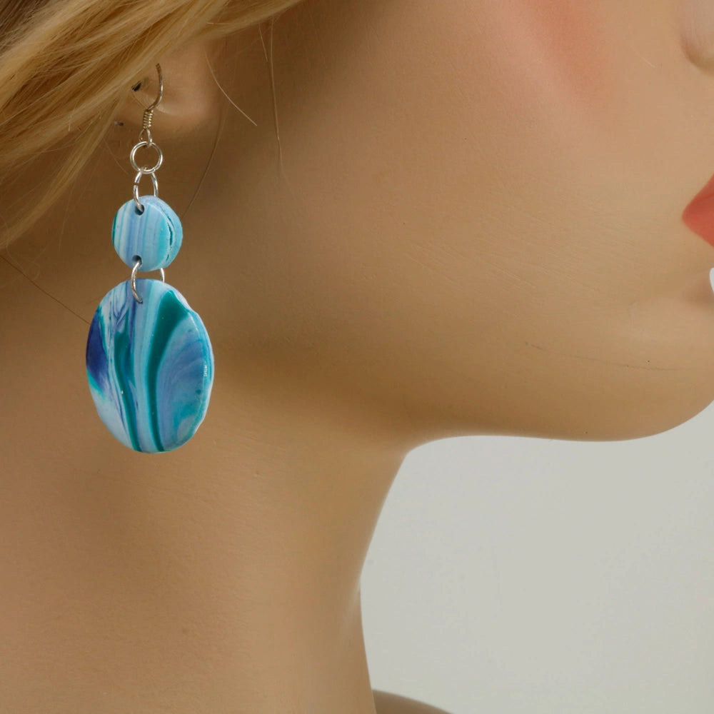 Double Disc Ocean-Inspired Polymer Clay Earrings with sterling silver hooks