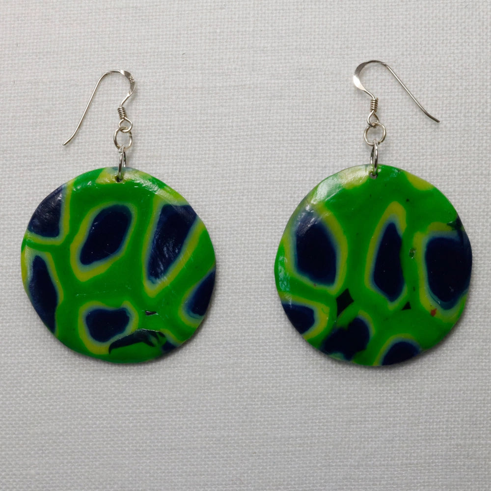 Large Green & Blue Disc Polymer Clay Earrings with Sterling Silver hooks