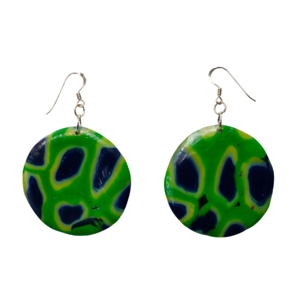Large Green & Blue Disc Polymer Clay Earrings with Sterling Silver hooks