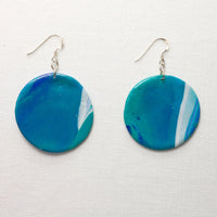 Large Ocean Blue & White Disc Polymer Clay Earrings with Sterling Silver hooks