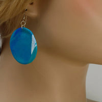 Large Ocean Blue & White Disc Polymer Clay Earrings with Sterling Silver hooks