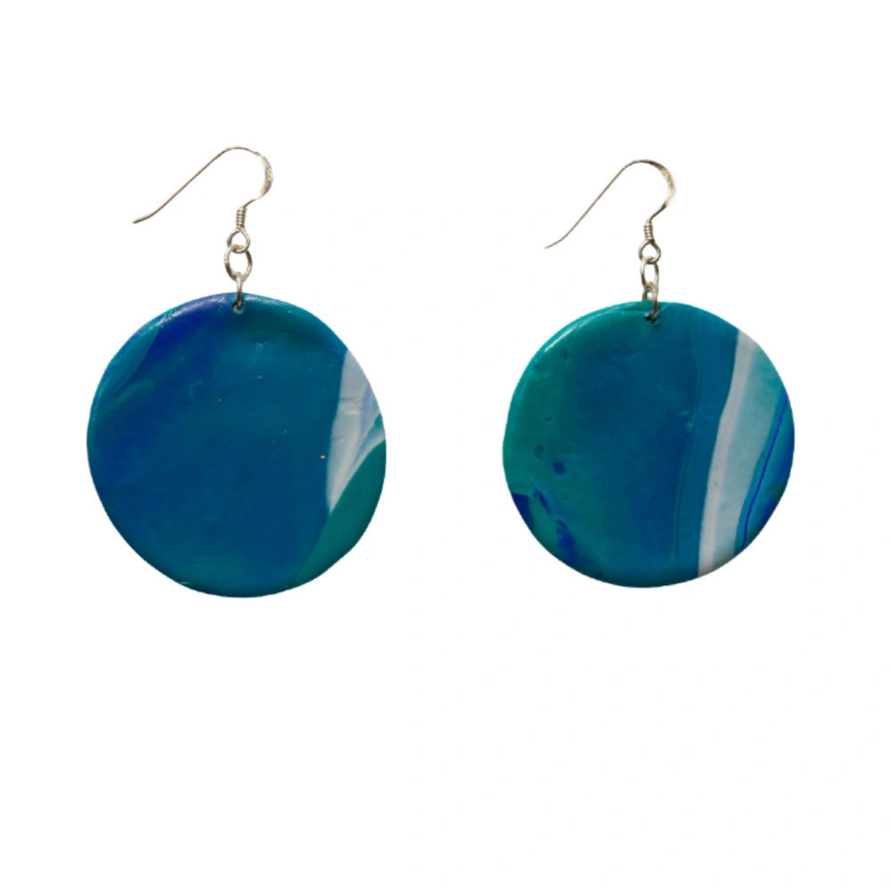 Large Ocean Blue & White Disc Polymer Clay Earrings with Sterling Silver hooks