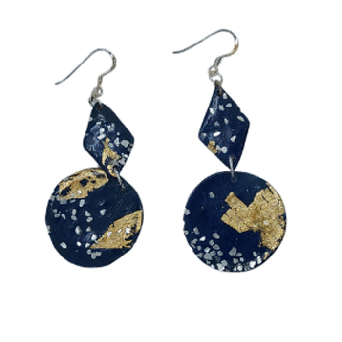 Midnight Blue Diamond shape & Disc Polymer Clay Earrings with Sterling Silver hooks