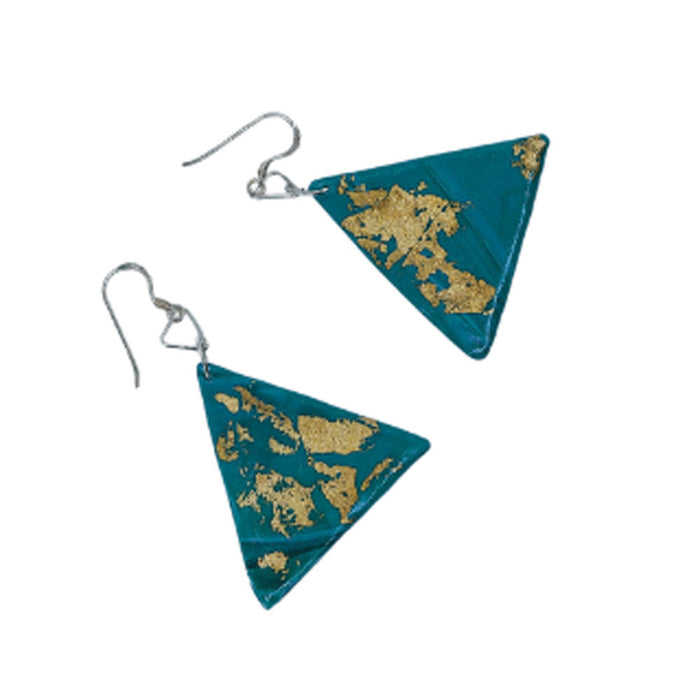 Turquoise & Gold Triangle Polymer Clay Earrings with Sterling Silver hooks