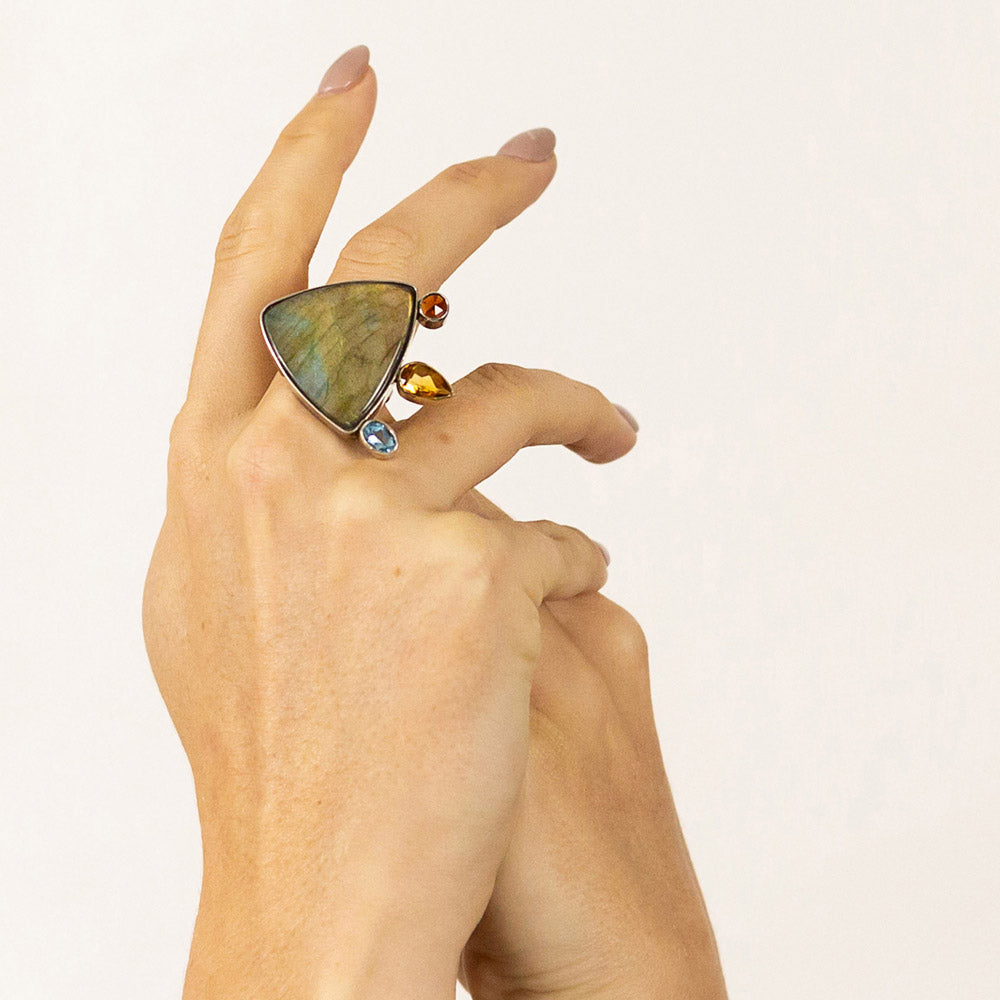 One Off Sterling fashion / statement recycled silver and gold  ring  Labradorite Citrine Topaz