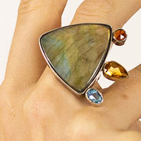 One Off Sterling fashion / statement recycled silver and gold  ring  Labradorite Citrine Topaz