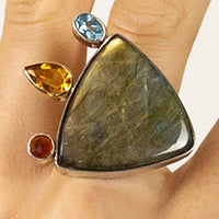 One Off Sterling fashion / statement recycled silver and gold  ring  Labradorite Citrine Topaz