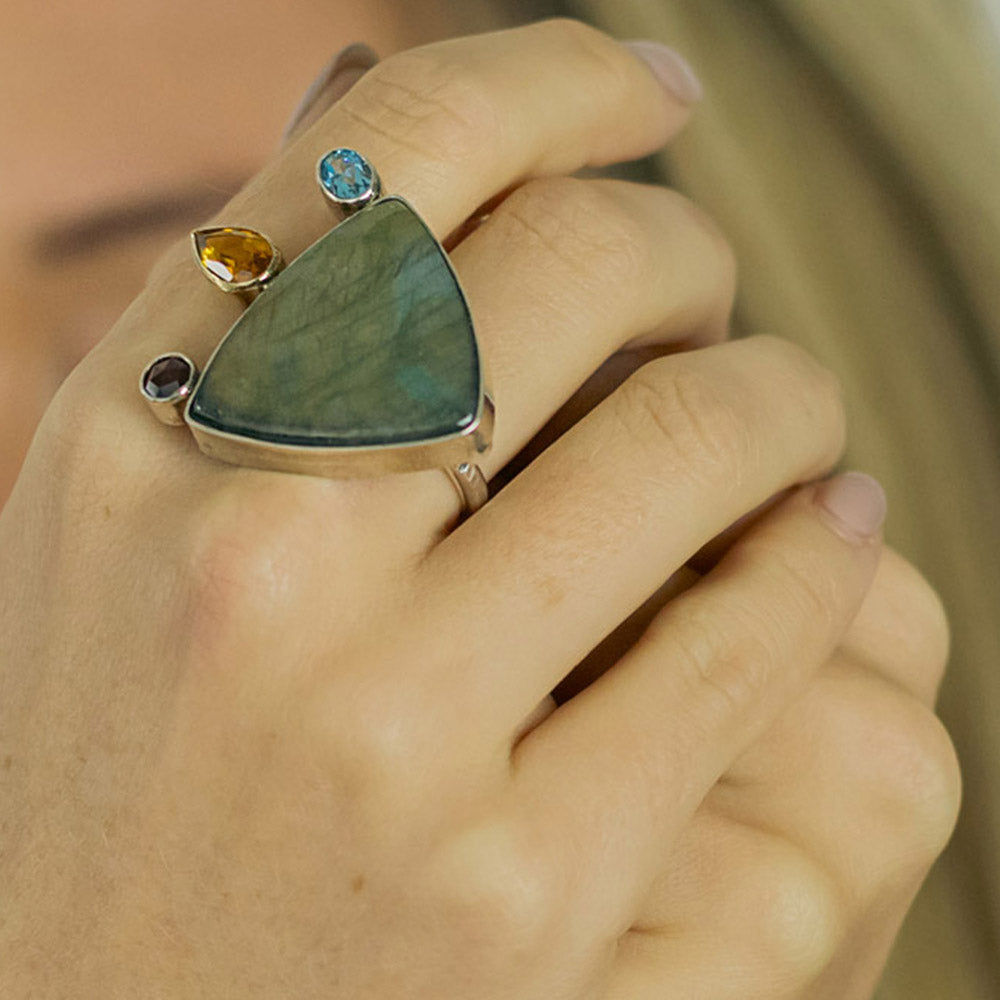 One Off Sterling fashion / statement recycled silver and gold  ring  Labradorite Citrine Topaz