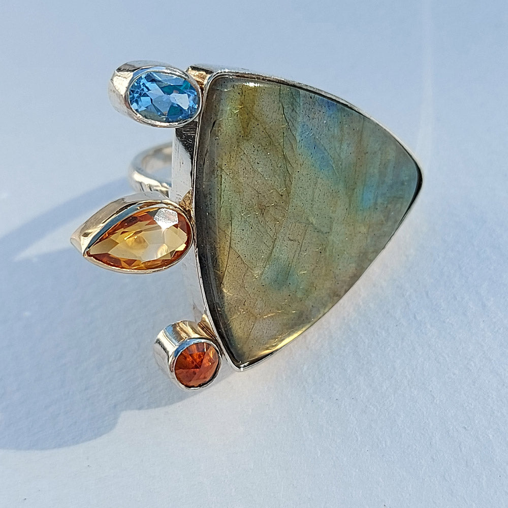 One Off Sterling fashion / statement recycled silver and gold  ring  Labradorite Citrine Topaz