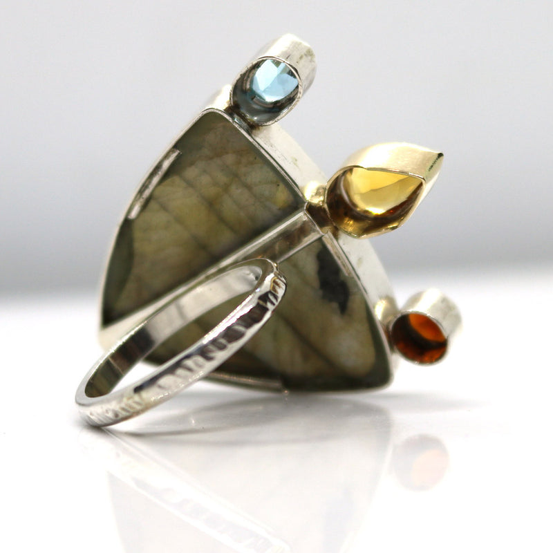 One Off Sterling fashion / statement recycled silver and gold  ring  Labradorite Citrine Topaz