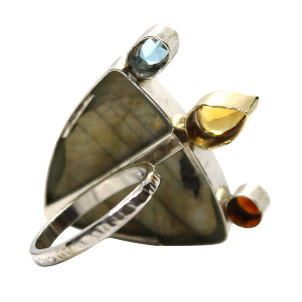 One Off Sterling fashion / statement recycled silver and gold  ring  Labradorite Citrine Topaz