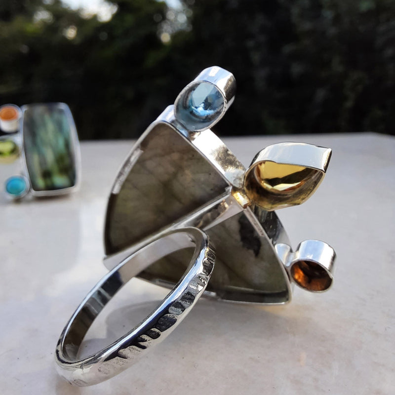 One Off Sterling fashion / statement recycled silver and gold  ring  Labradorite Citrine Topaz