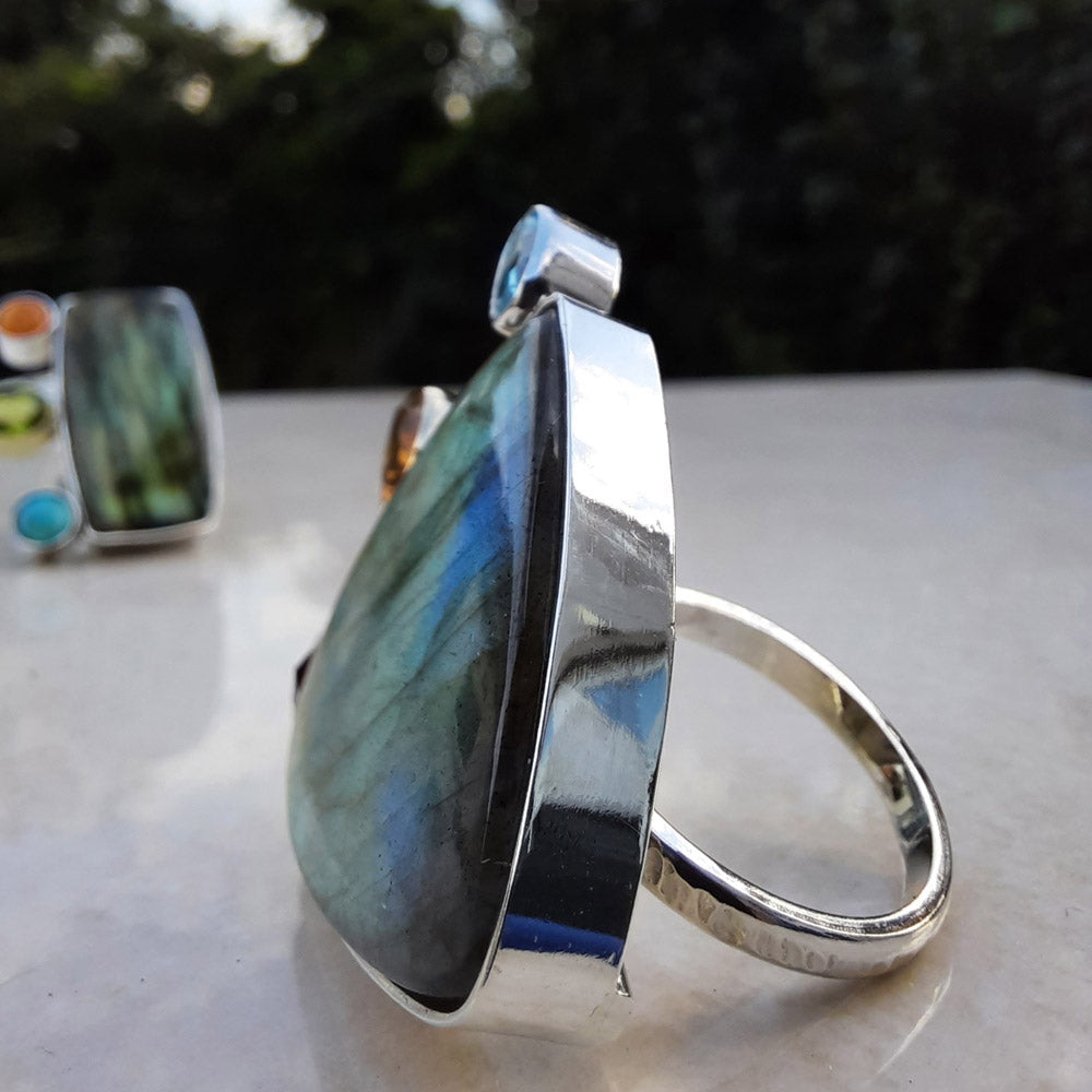 One Off Sterling fashion / statement recycled silver and gold  ring  Labradorite Citrine Topaz