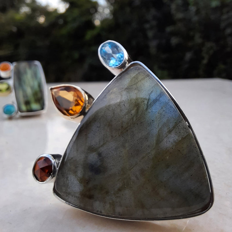 One Off Sterling fashion / statement recycled silver and gold  ring  Labradorite Citrine Topaz