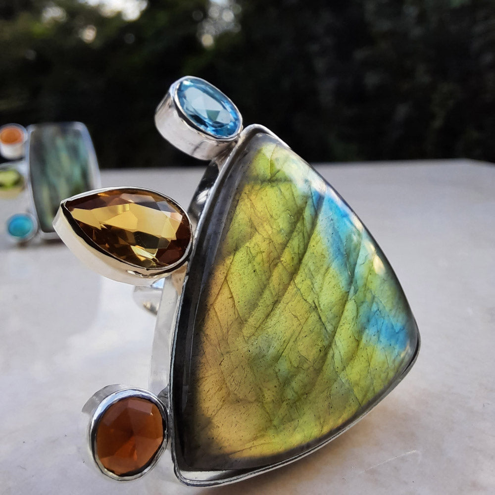 One Off Sterling fashion / statement recycled silver and gold  ring  Labradorite Citrine Topaz