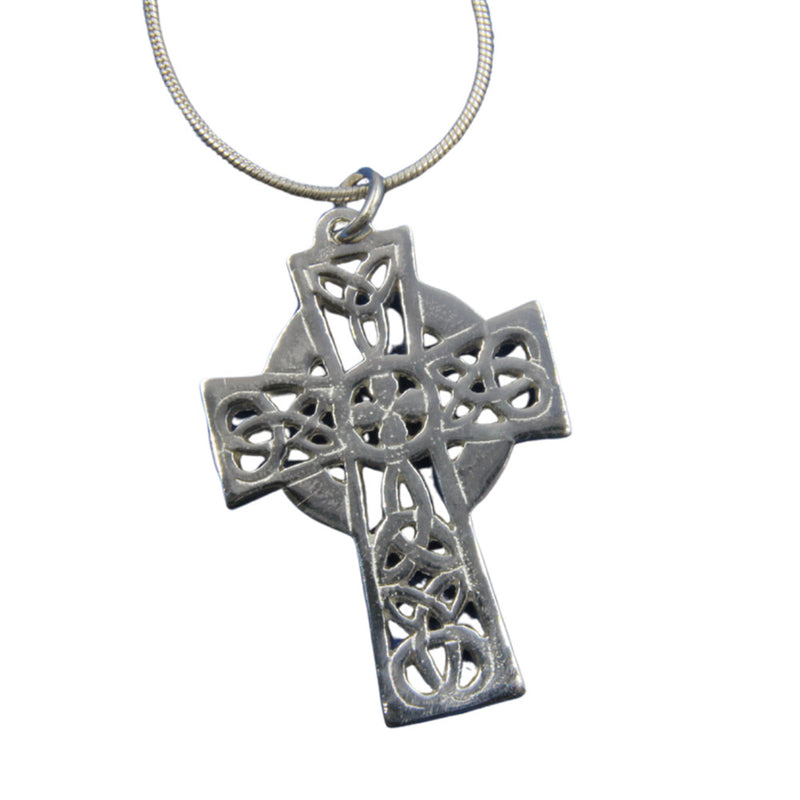 Sterling silver cross, with four sides tapered towards the centre in which some celtic patterns have been carved out, the patterns consist of the trinity knots. The cross measures around  45mm high, all the sides are joined by a circle shape. The cross is shown with a jump ring and a snake chain attached to it.