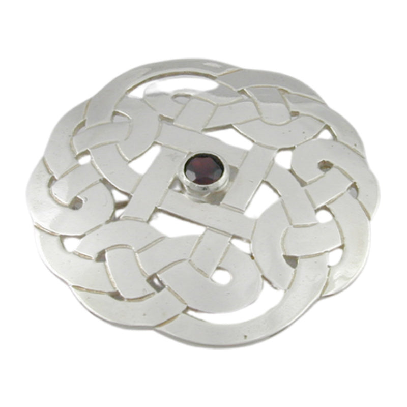 Sterling Silver Round Celtic Brooch with Red Centre Stone