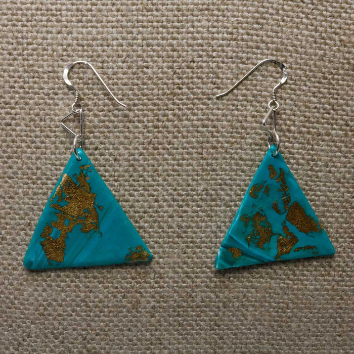 Turquoise & Gold Triangle Polymer Clay Earrings with Sterling Silver hooks
