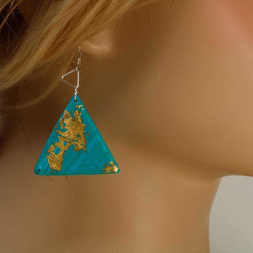 Turquoise & Gold Triangle Polymer Clay Earrings with Sterling Silver hooks