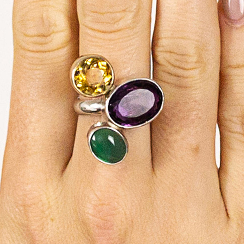 One Off Sterling fashion / statement silver and gold ring  Amethyst Citrine Jade