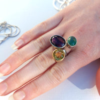 One Off Sterling fashion / statement silver and gold ring  Amethyst Citrine Jade