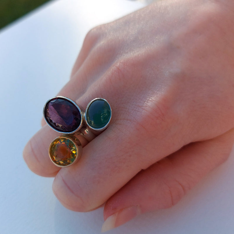 One Off Sterling fashion / statement silver and gold ring  Amethyst Citrine Jade