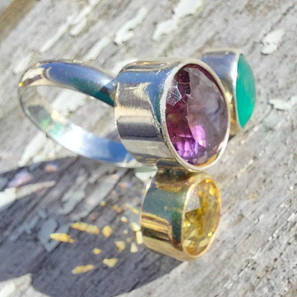 One Off Sterling fashion / statement silver and gold ring  Amethyst Citrine Jade