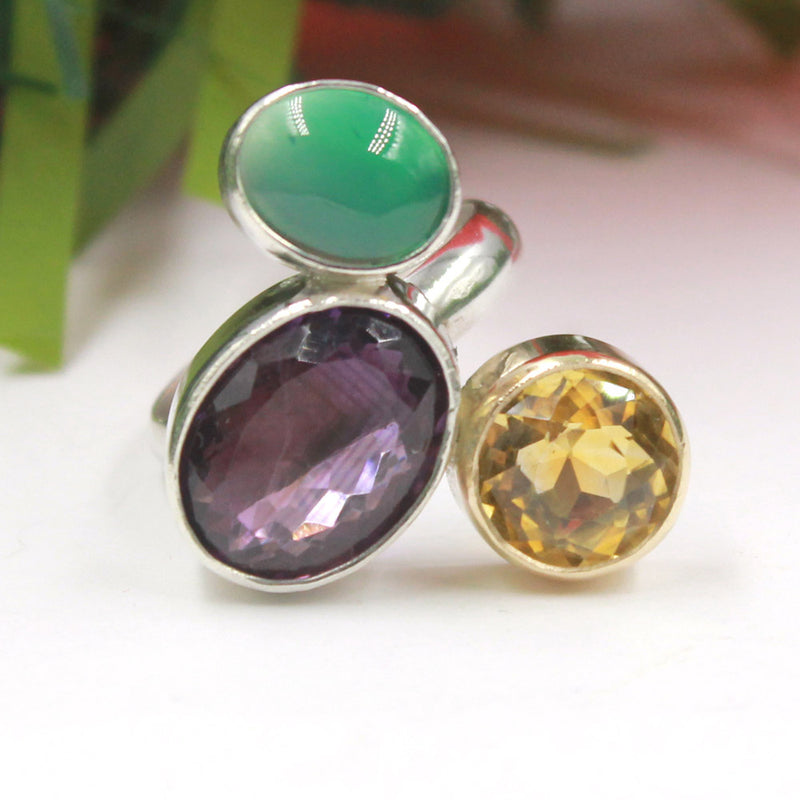 One Off Sterling fashion / statement silver and gold ring  Amethyst Citrine Jade