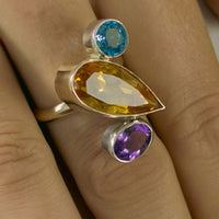 One Off Sterling fashion / statement recycled gold and silver ring  Amethyst Citrine Topaz