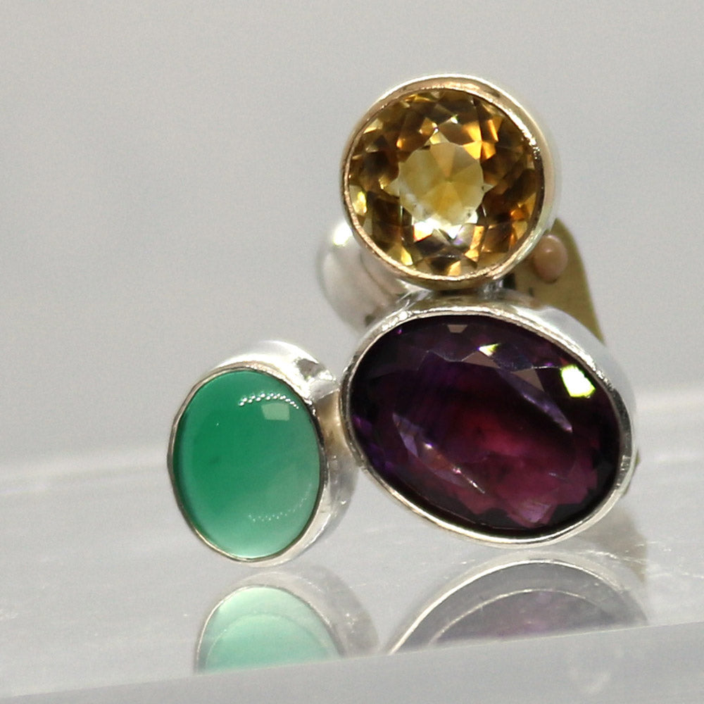 One Off Sterling fashion / statement silver and gold ring  Amethyst Citrine Jade