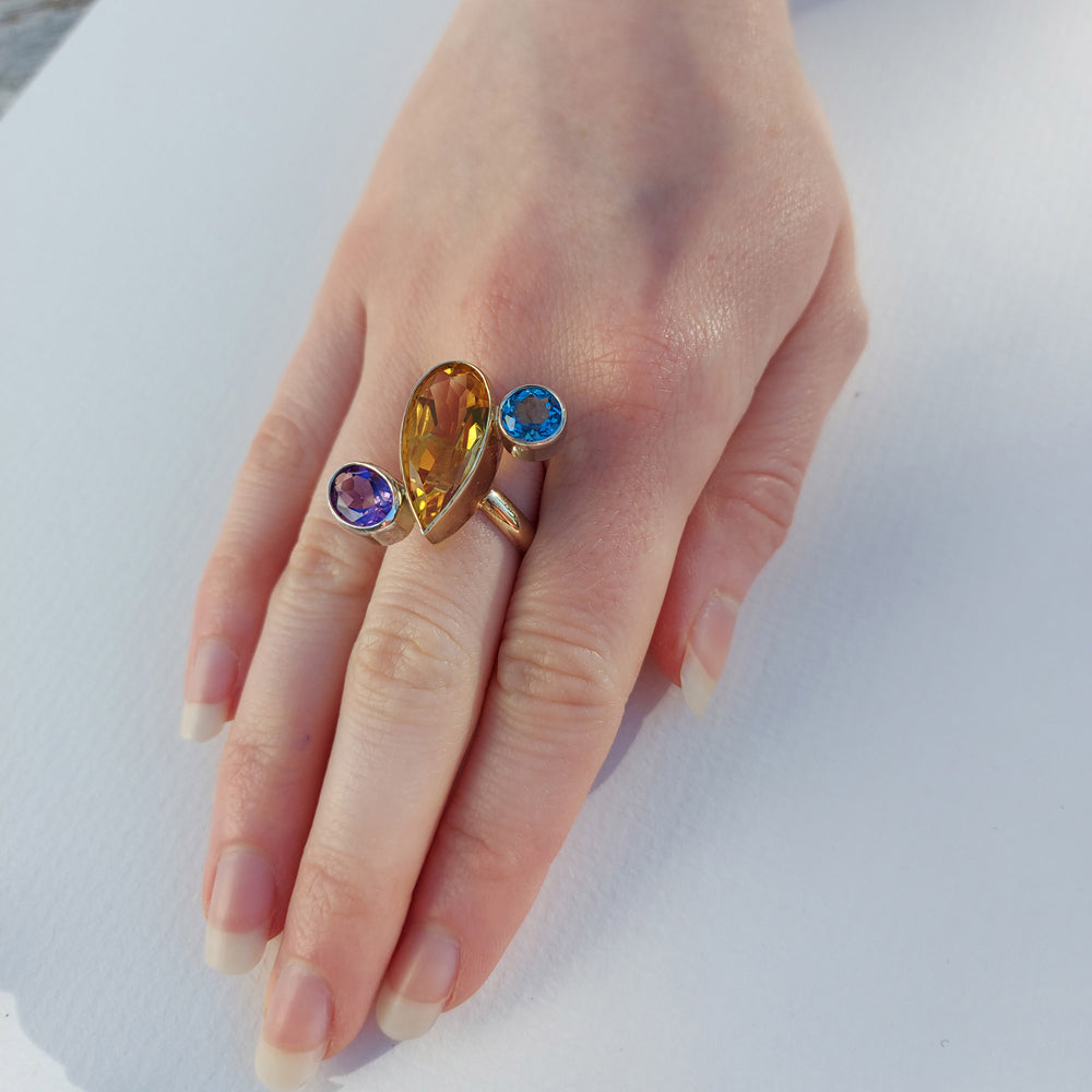 One Off Sterling fashion / statement recycled gold and silver ring  Amethyst Citrine Topaz