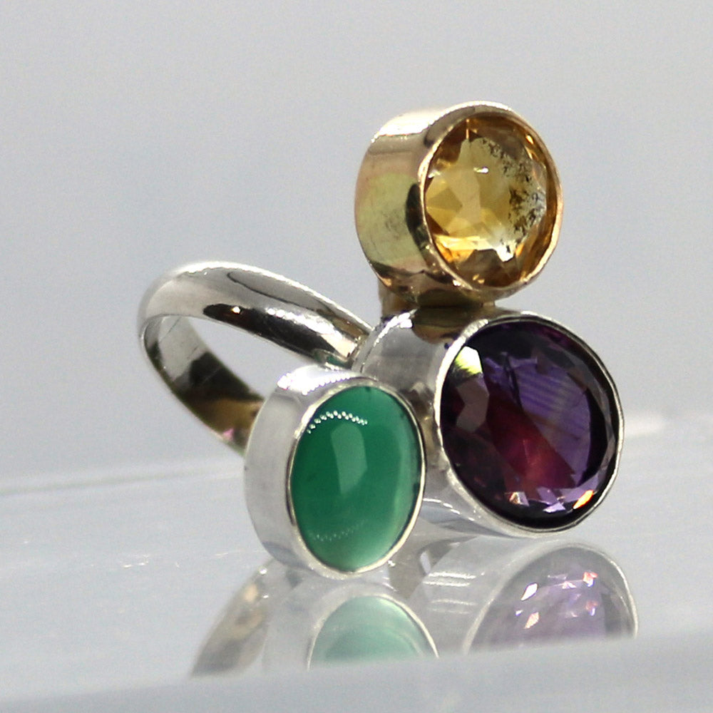 One Off Sterling fashion / statement silver and gold ring  Amethyst Citrine Jade