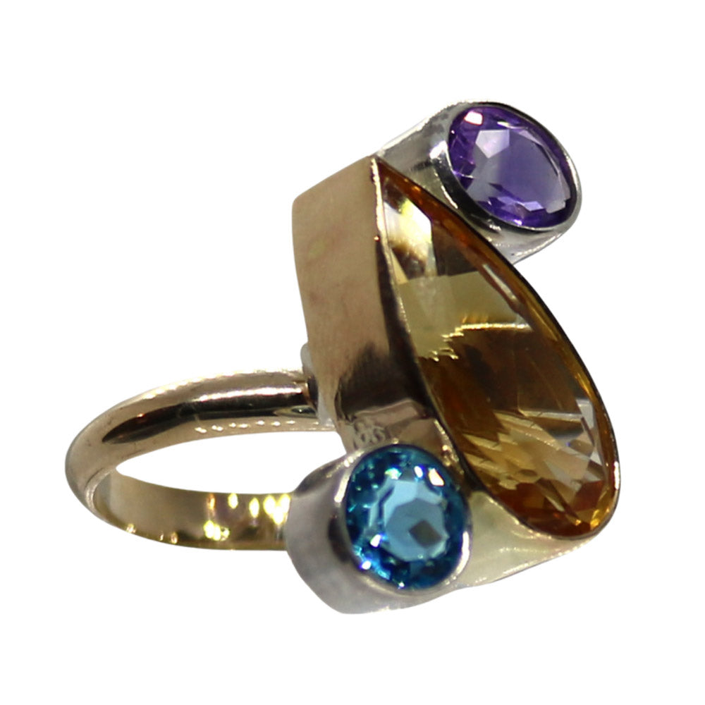 One Off Sterling fashion / statement recycled gold and silver ring  Amethyst Citrine Topaz