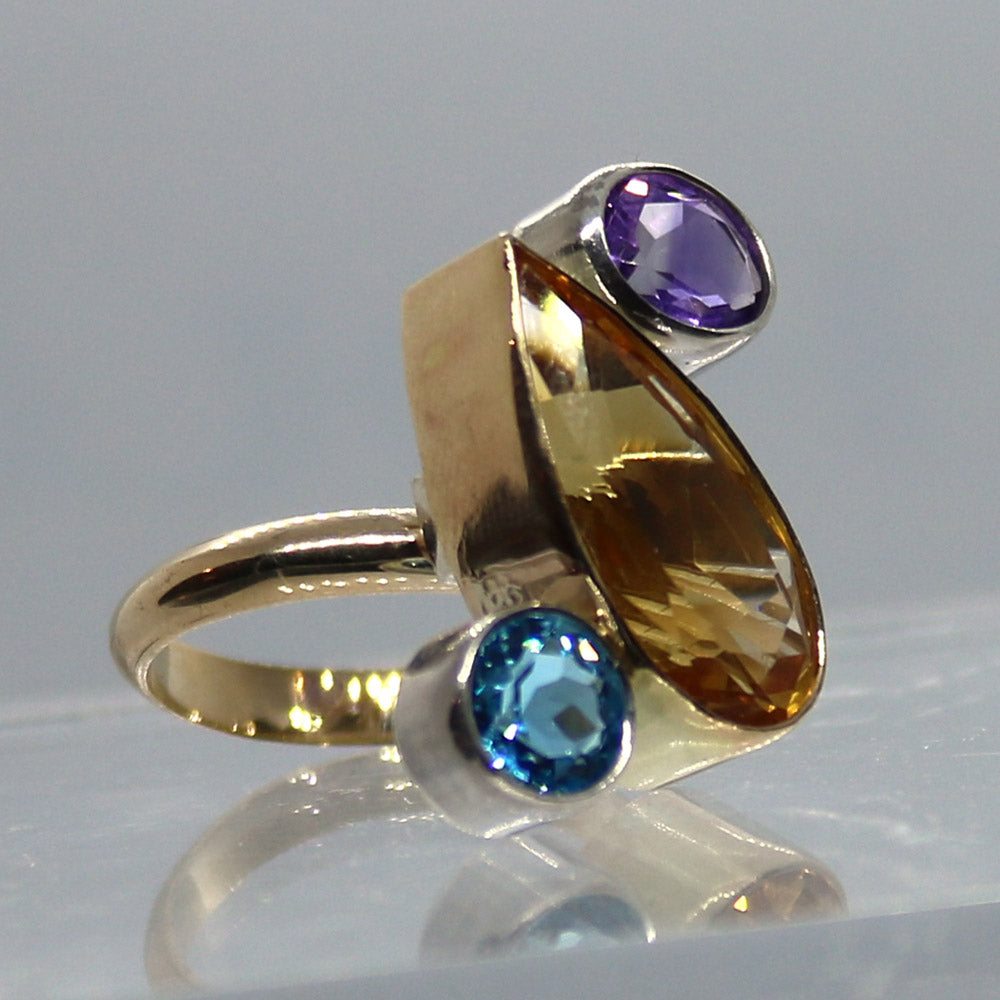 One Off Sterling fashion / statement recycled gold and silver ring  Amethyst Citrine Topaz