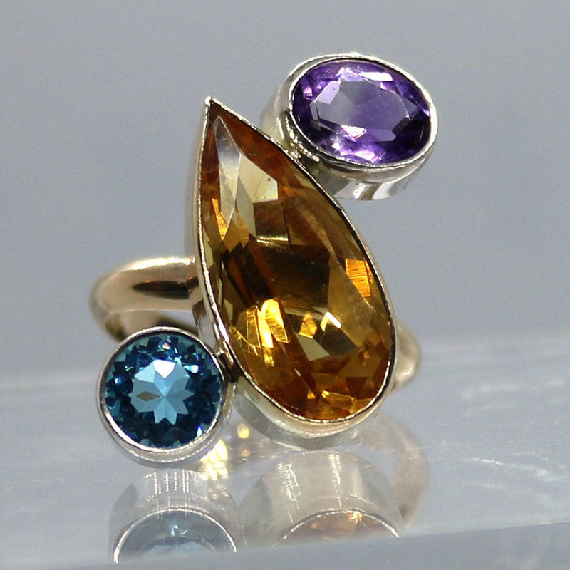 One Off Sterling fashion / statement recycled gold and silver ring  Amethyst Citrine Topaz