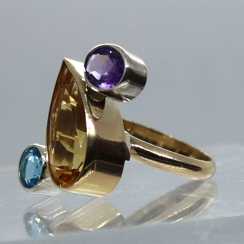 One Off Sterling fashion / statement recycled gold and silver ring  Amethyst Citrine Topaz